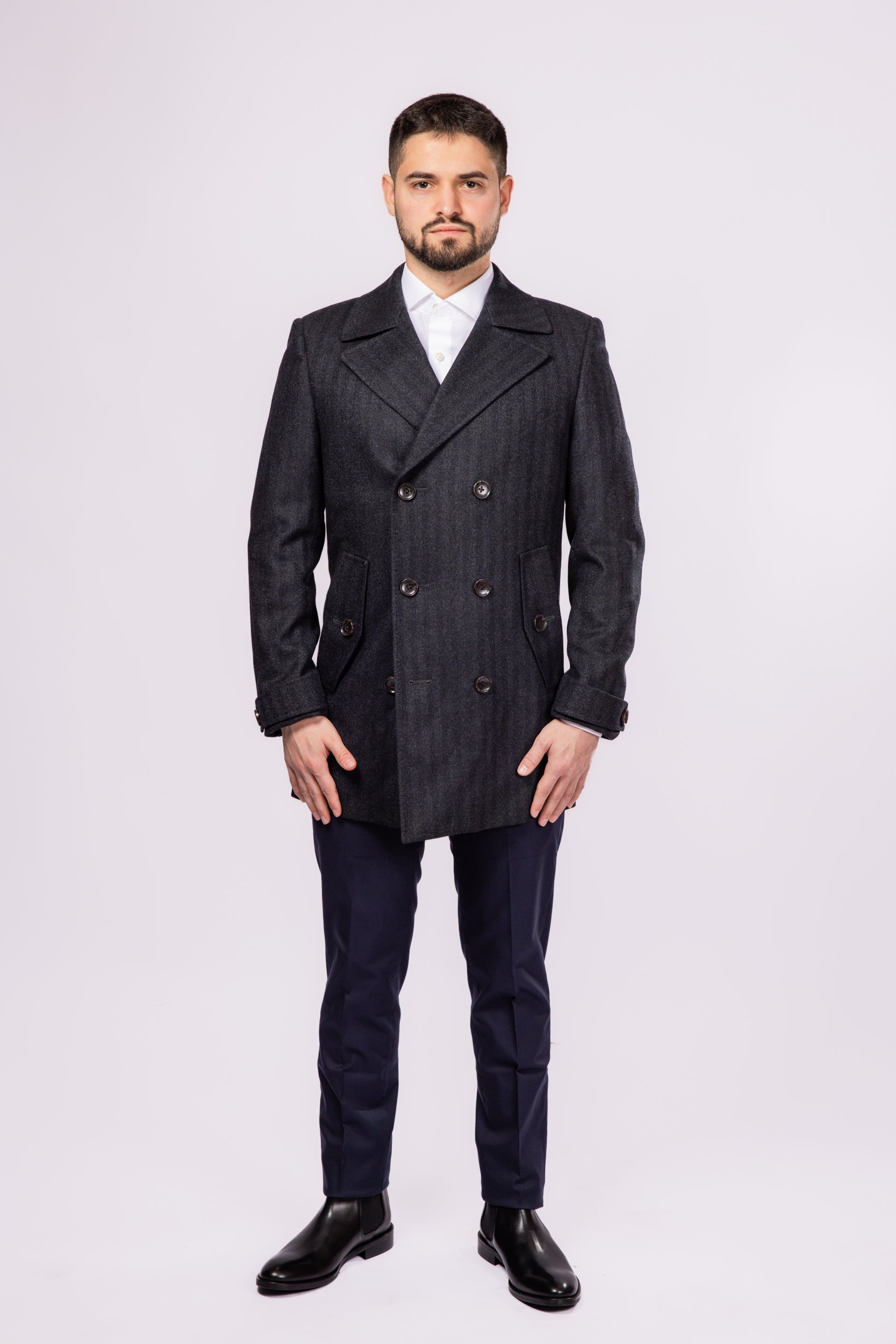 Herringbone Wool Peacoat - Grey Herringbone