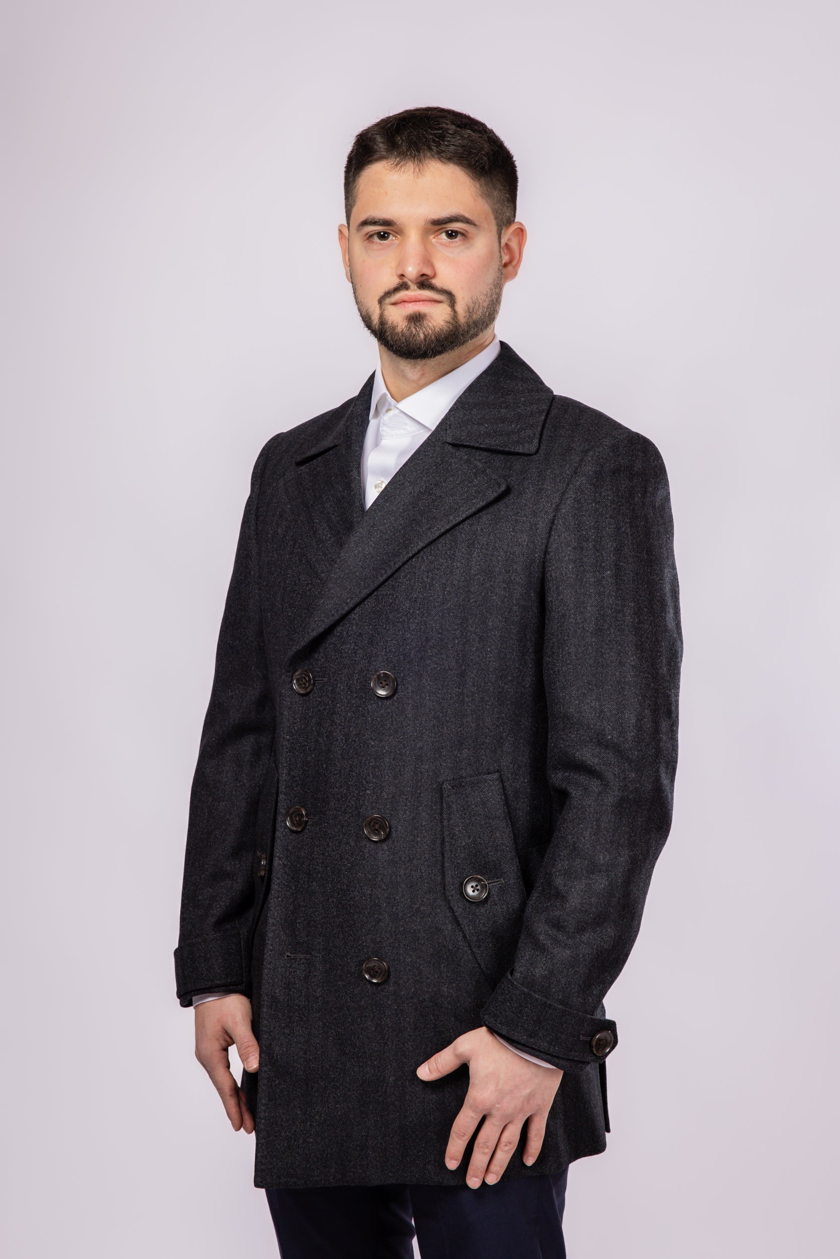 Herringbone Wool Peacoat - Grey Herringbone