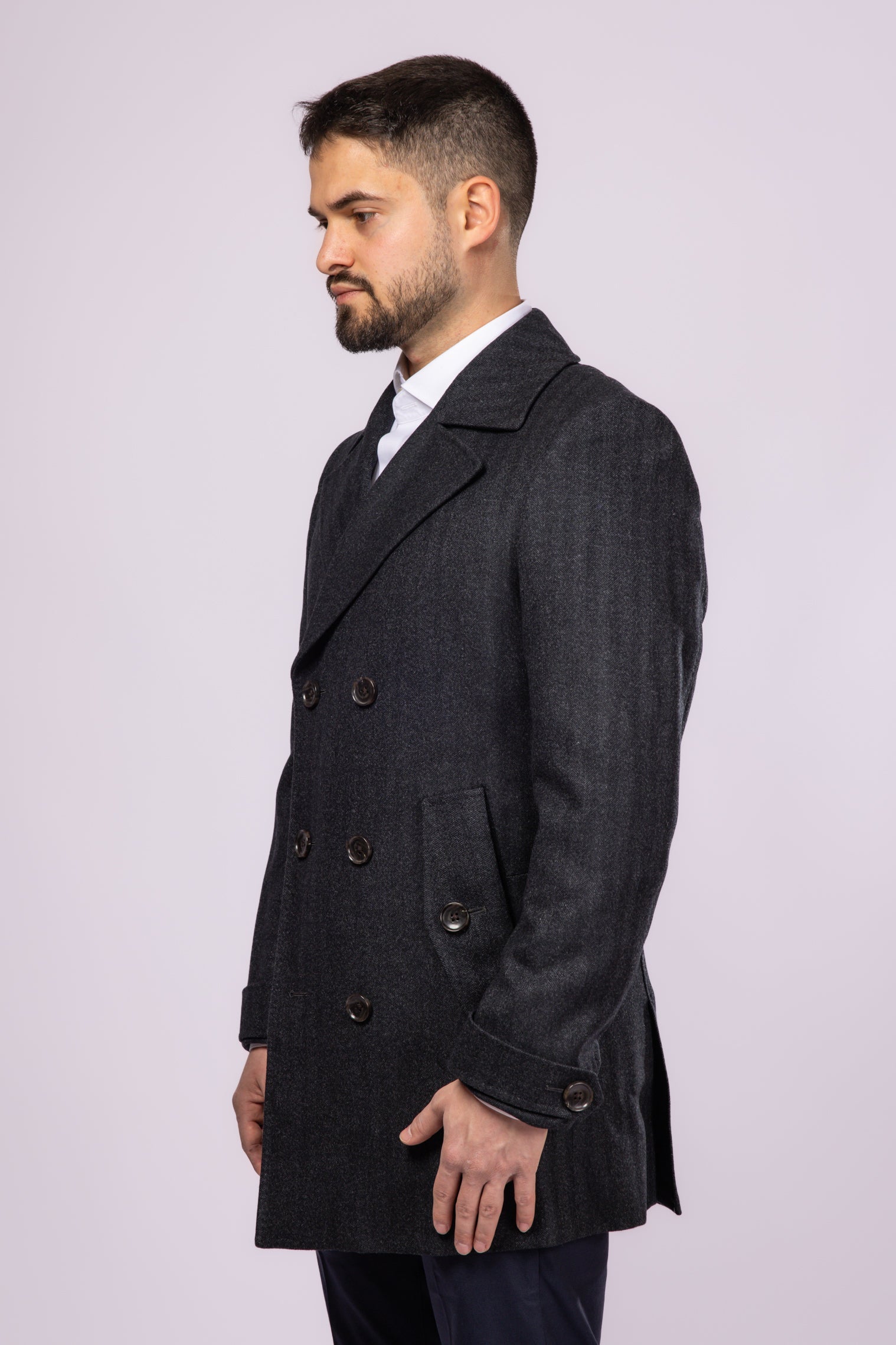 Herringbone Wool Peacoat - Grey Herringbone