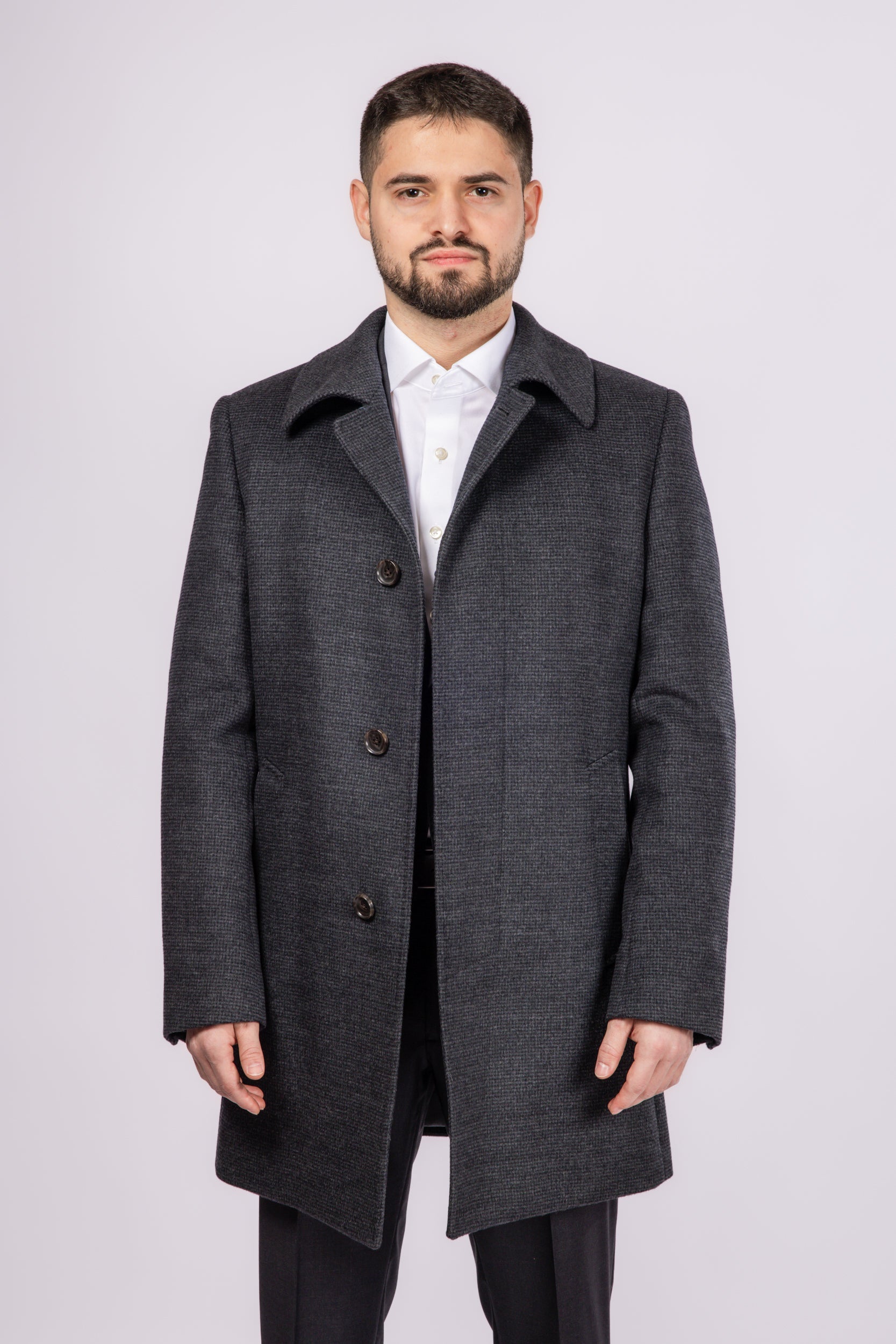 Collared Wool Carcoat - Grey Check
