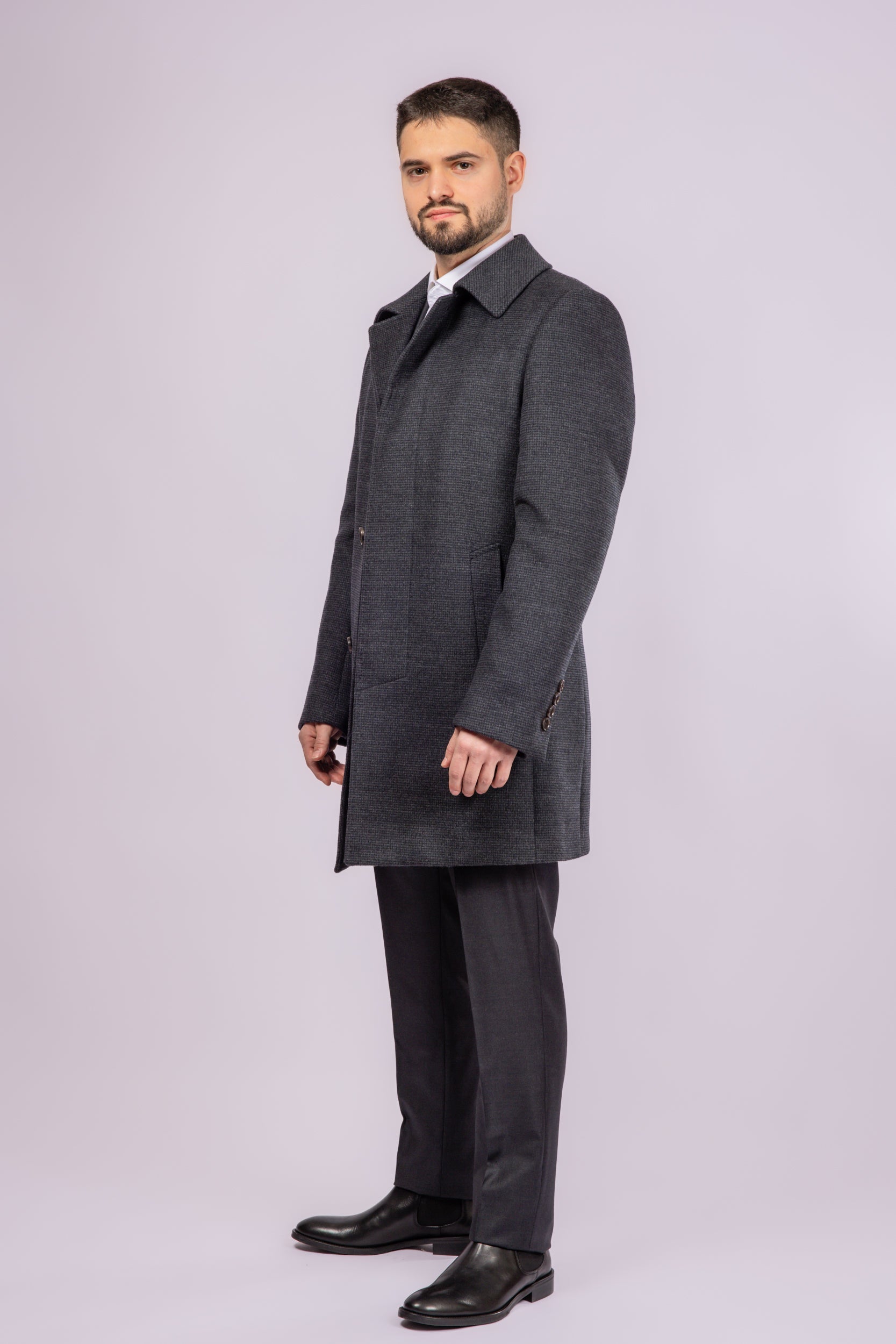 Collared Wool Carcoat - Grey Check