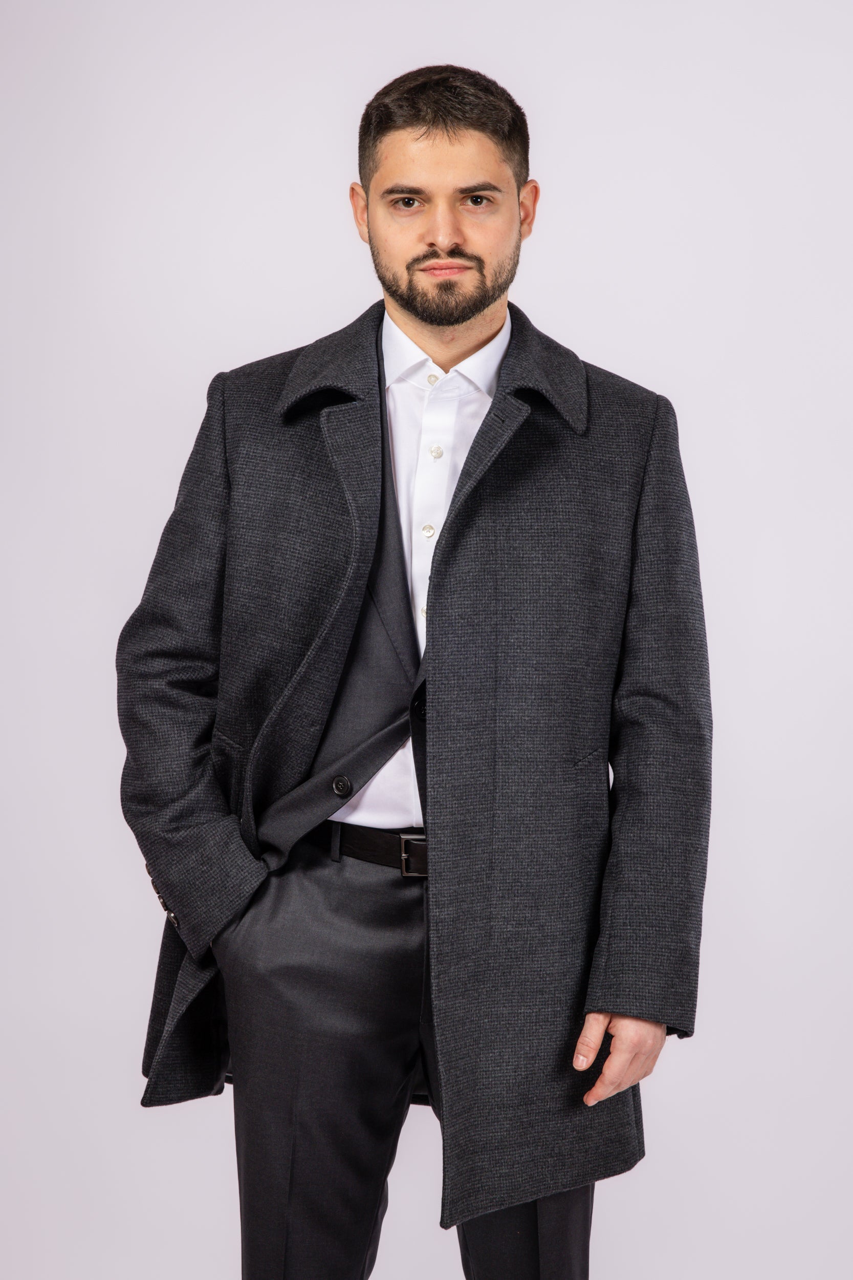 Collared Wool Carcoat - Grey Check