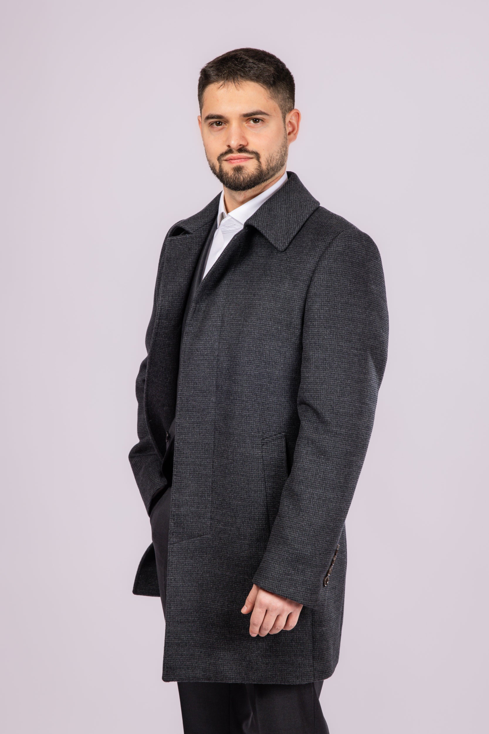 Collared Wool Carcoat - Grey Check