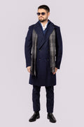 Double Breasted Wool Overcoat - Navy herringbone