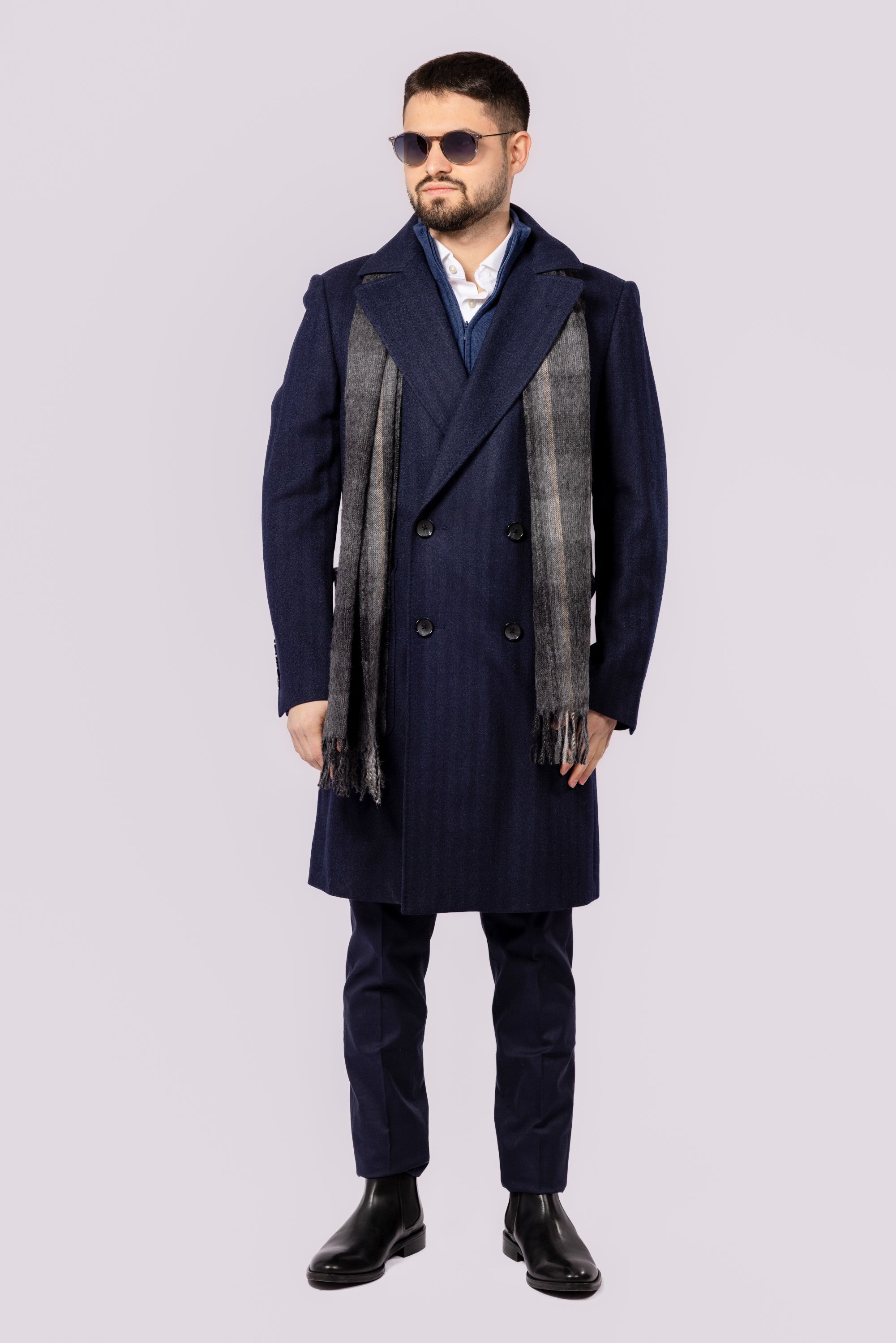 Double Breasted Wool Overcoat - Navy herringbone