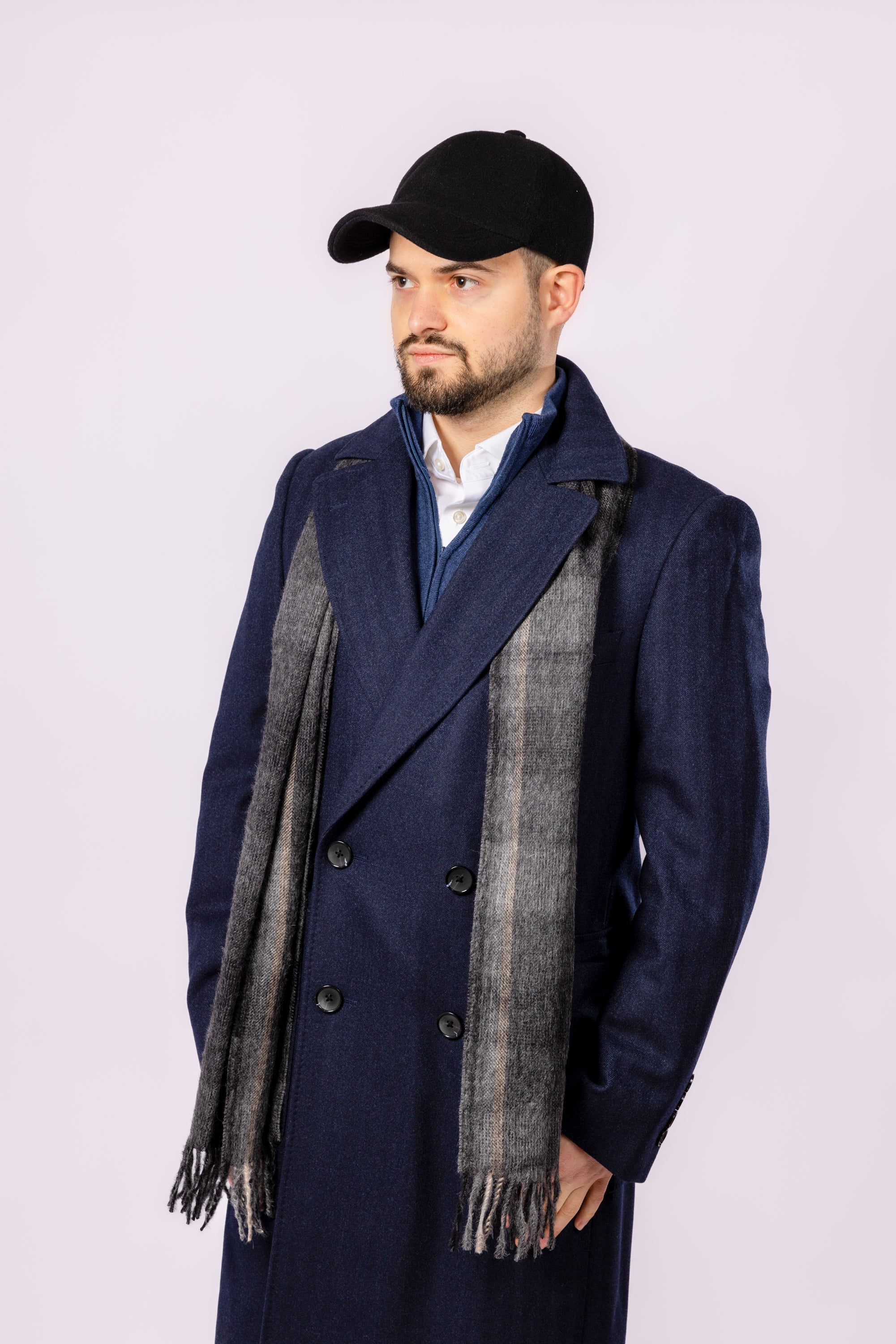 Double Breasted Wool Overcoat - Navy herringbone