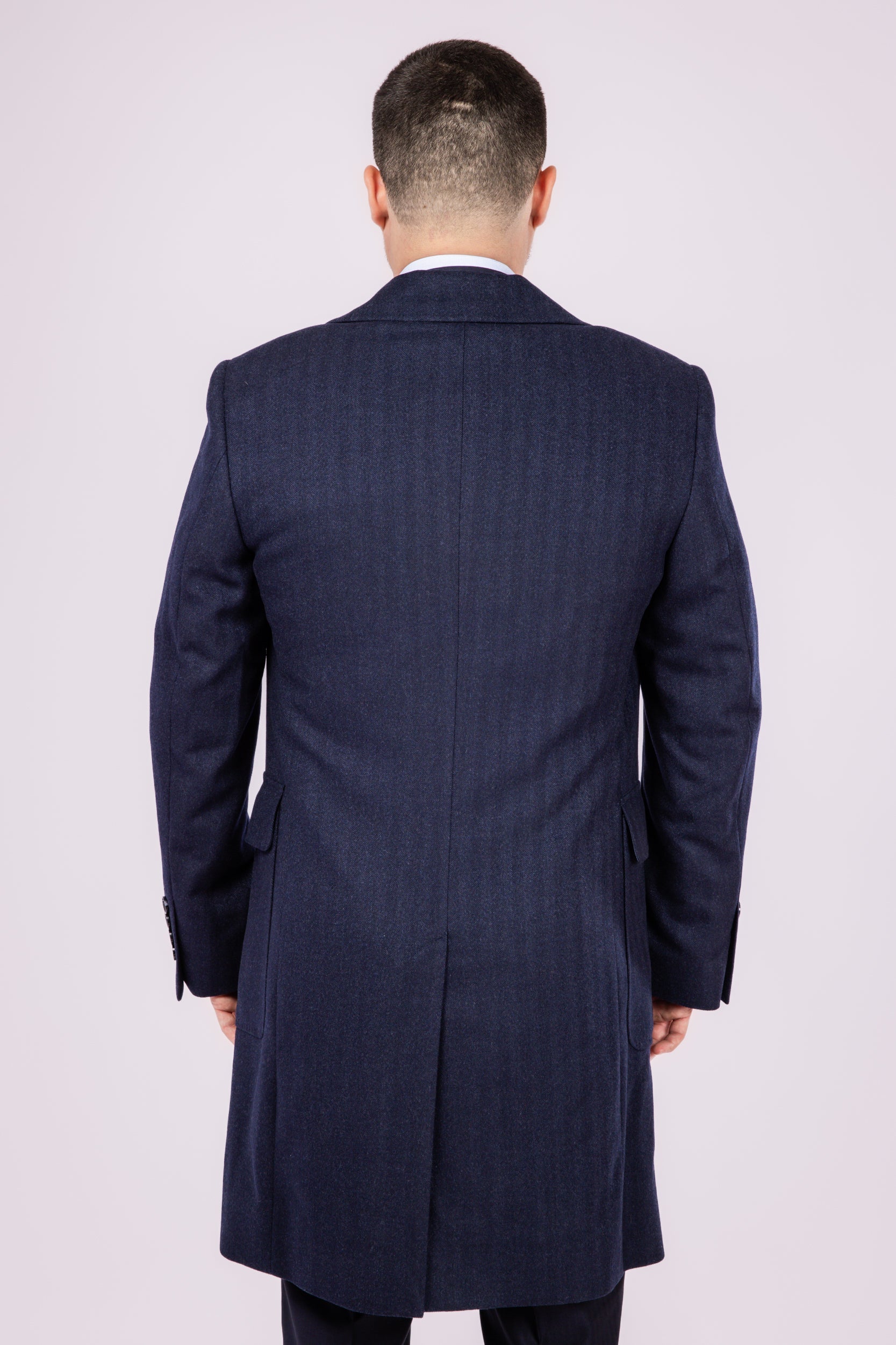 Double Breasted Wool Overcoat - Navy herringbone